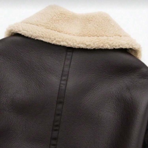 Vegan Leather Aviator Jacket Faux Shearling Trim Shearling Lined chocolate brown - Picture 11 of 12